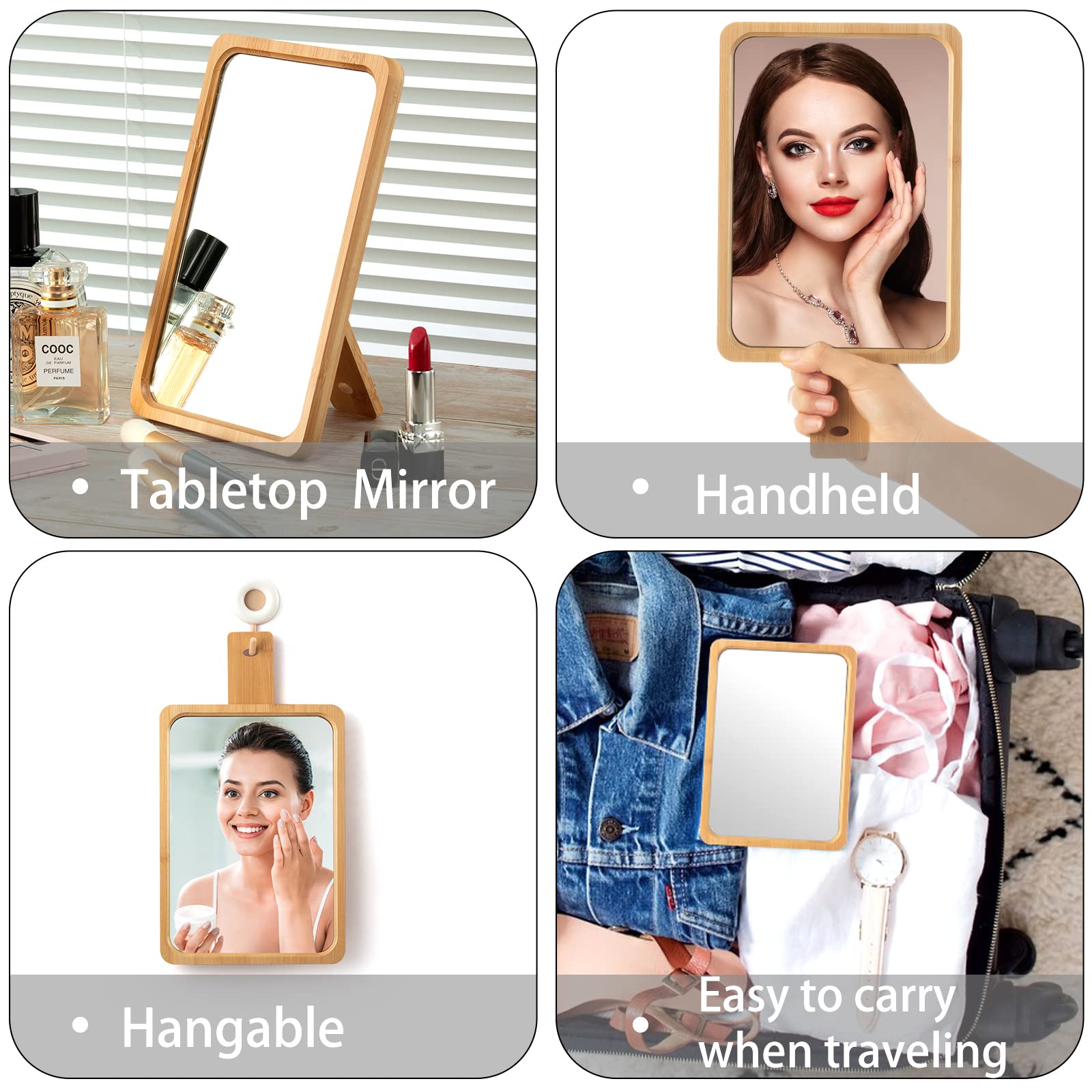 Jasefa Natural Bamboo Desk Table Mirror, Folding Makeup Mirror with Handheld/Stand,Portable Small Desktop Cosmetic Mirror Good for Travel, Cosmetic, Office,6.5" W x 9.1" L