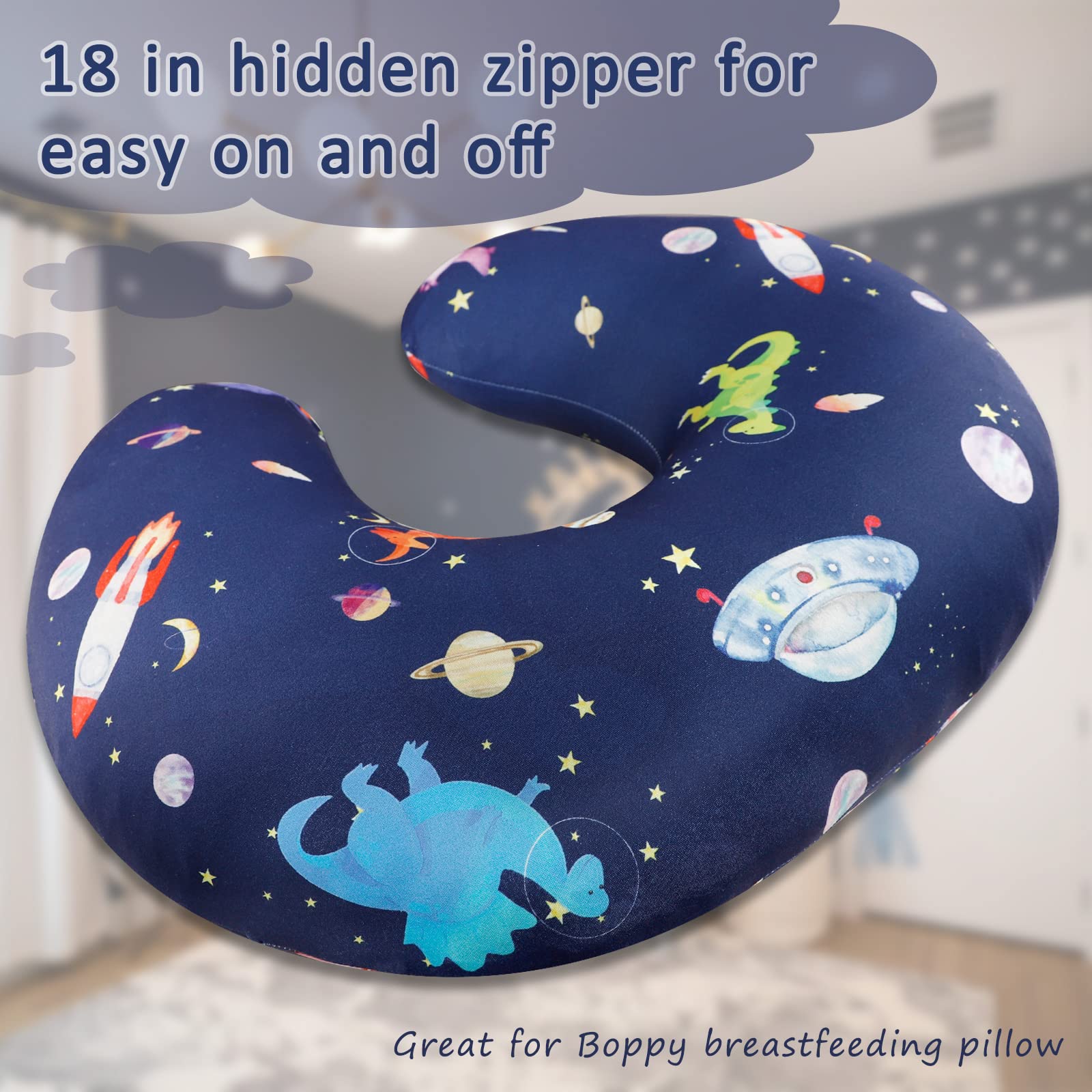 GFU Nursing Pillow Cover, Newborn Breastfeeding Pillow Case for Boys and Girls, Soft Baby Breastfeeding Pillow Slipcover, Fit for Standard Infant Nursing Pillows, Dark Blue Space Dinosaur