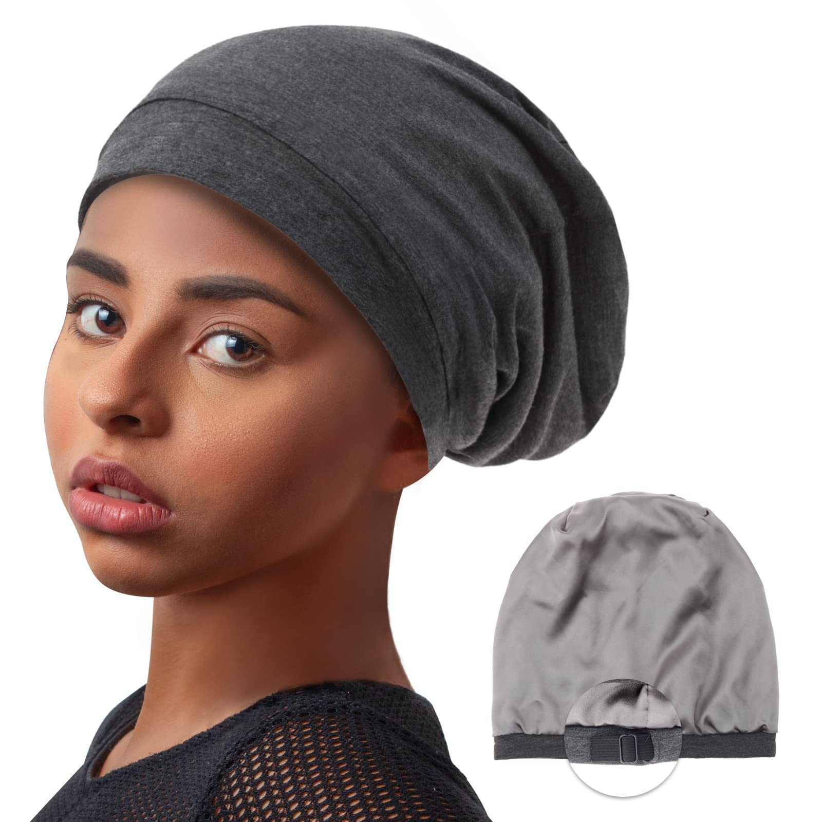 Silk Satin Lined Bonnet Sleep Cap, Adjustable Stay on All Night Hair Wrap Slouchy Beanie for Curly Hair Care of Women and Men - Dark Grey