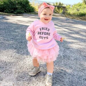 Twopumpkin Toddler Valentine's Day Shrit Baby Girl Letter Print Outfit Crewneck Sweatshirt Long Sleeve Holiday Sister Matching Clothes 2-3T V Fries Before Guys Pink