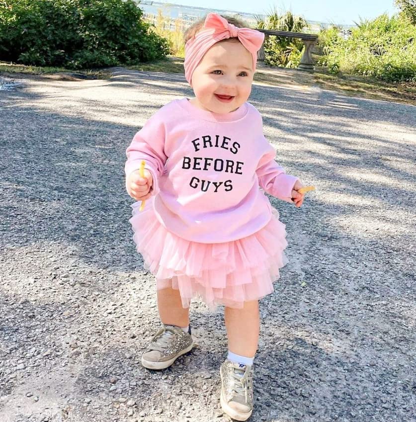 Twopumpkin Toddler Valentine's Day Shrit Baby Girl Letter Print Outfit Crewneck Sweatshirt Long Sleeve Holiday Sister Matching Clothes 2-3T V Fries Before Guys Pink