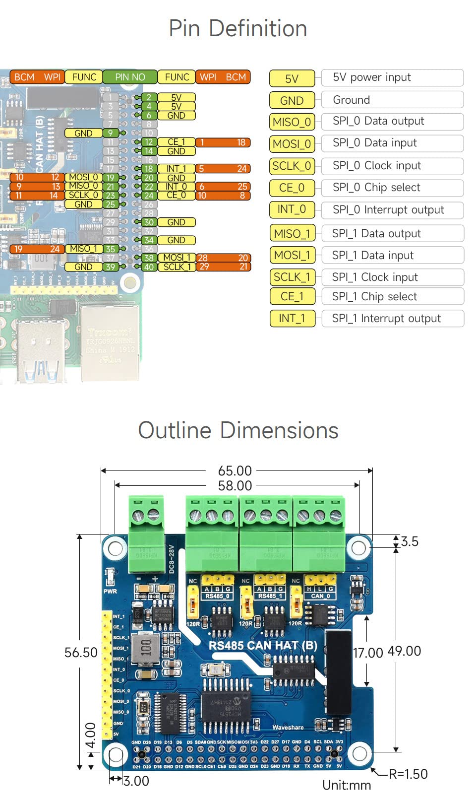 waveshare Isolated RS485 CAN HAT B, Compatible with Raspberry Pi 5/4B/3B/Zero/Zero W/Zero 2W/Pico/Pico W/Pico WH, Type 2-Ch RS485 and 1-Ch CAN Multi Protections