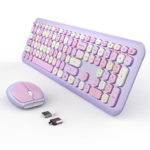 wireless keyboard and mouse combo, colorful ergonomic full size retro low-noise keyboard with cute keycaps, compatible with windows, pc, perfer for home and office keyboards (purple)