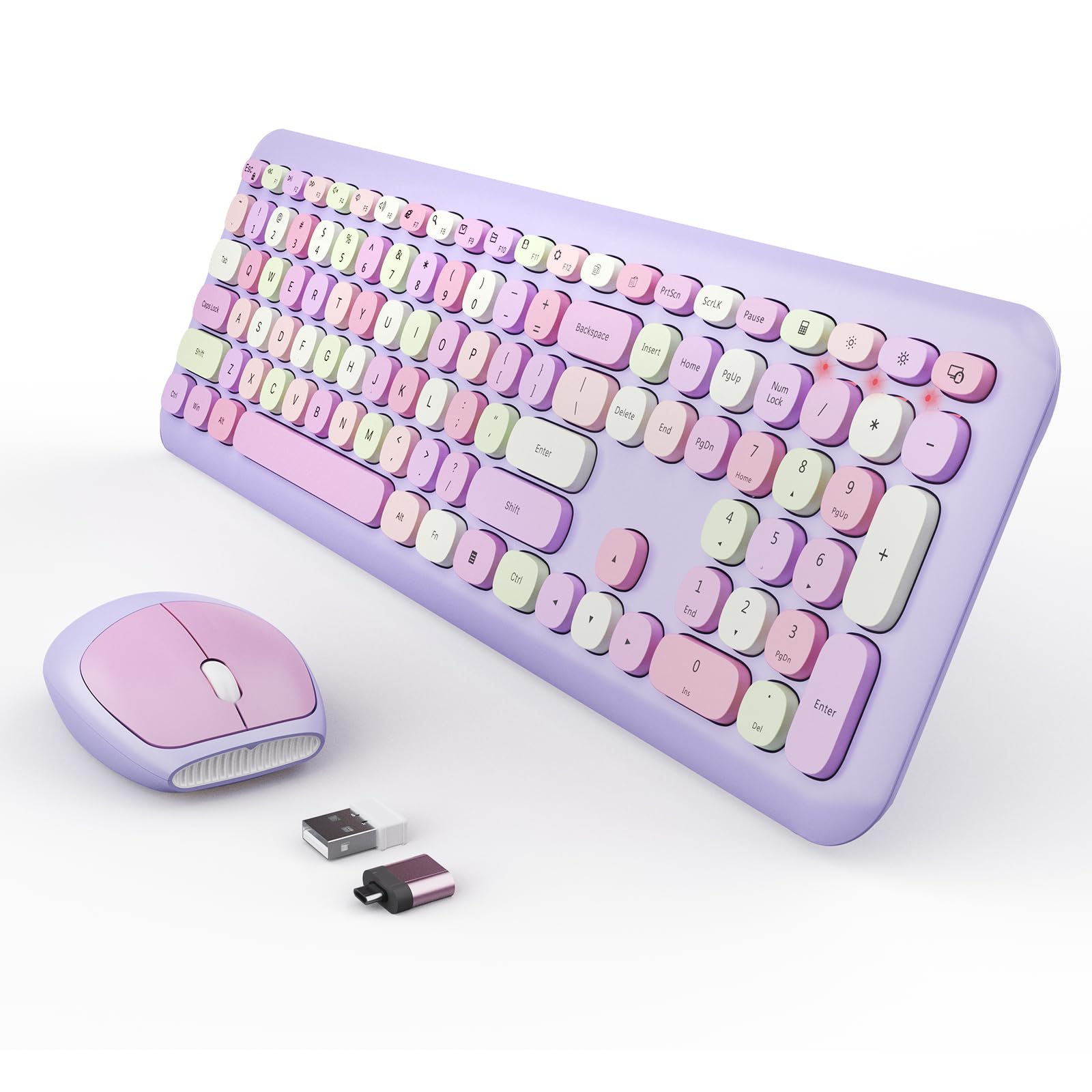 Wireless Keyboard and Mouse Combo, Colorful Ergonomic Full Size Retro Low-Noise Keyboard with Cute keycaps, Compatible with Windows, PC, Perfer for Home and Office Keyboards (Purple)