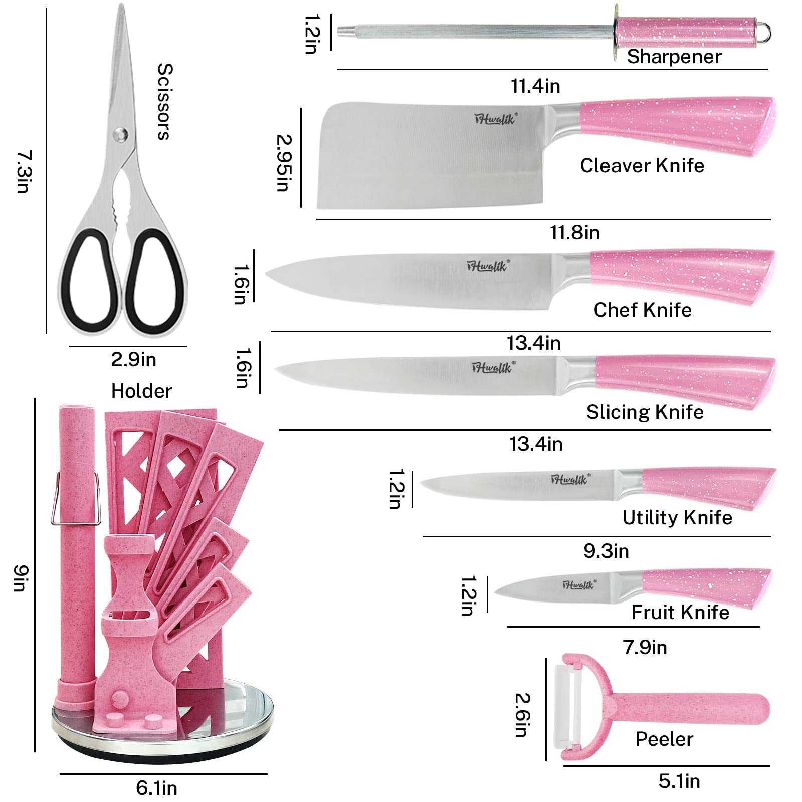 Kitchen Knife Set, Retrosohoo 9PC Pink Wheat Straw Sharp Cooking Knife Set with Acrylic Stand, Stainless Steel Non-stick Chef with Comfortable Handle for Slicing Cutting Peeling Chopping (Pink)