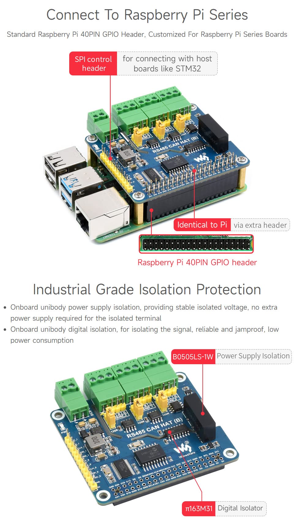 waveshare Isolated RS485 CAN HAT B, Compatible with Raspberry Pi 5/4B/3B/Zero/Zero W/Zero 2W/Pico/Pico W/Pico WH, Type 2-Ch RS485 and 1-Ch CAN Multi Protections