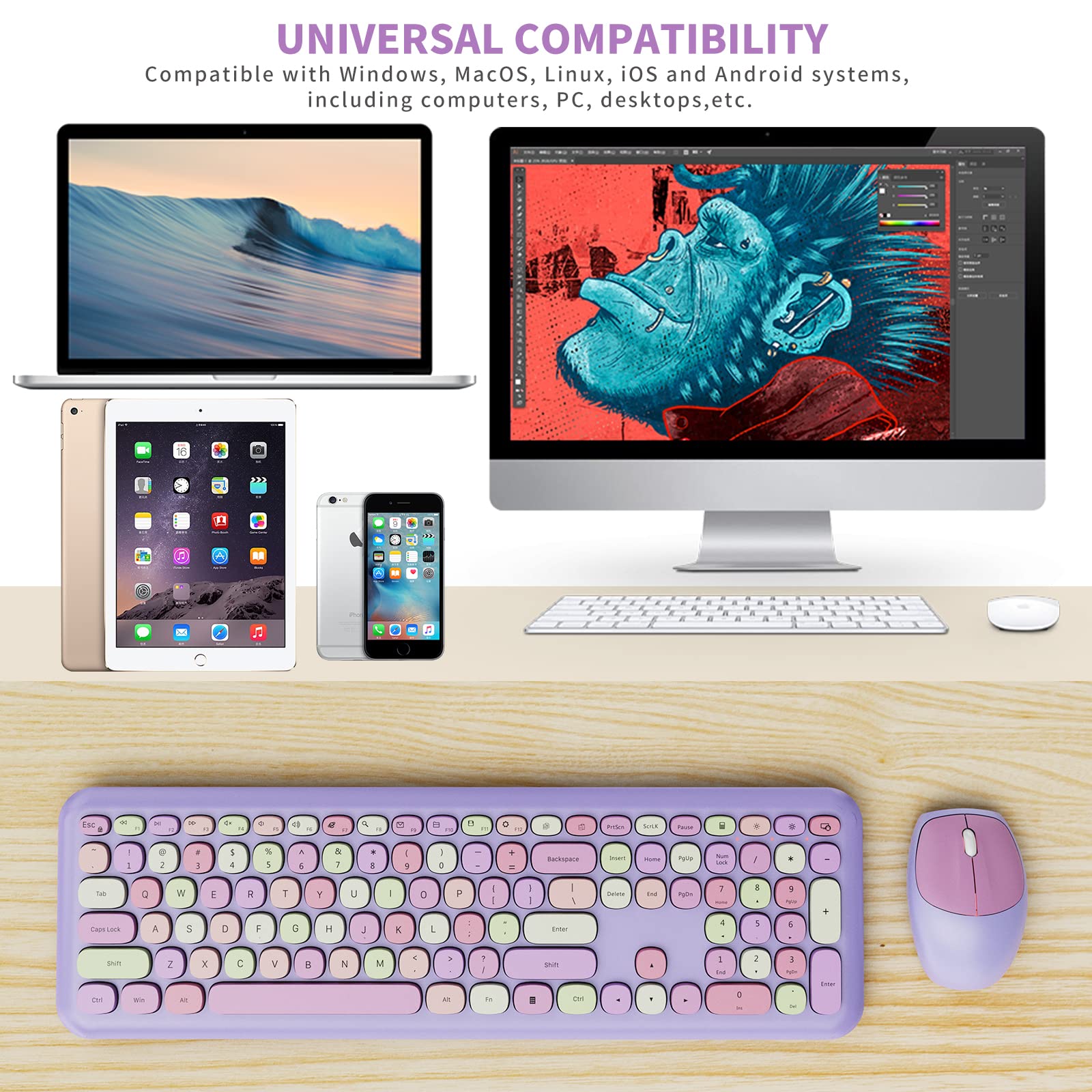 Wireless Keyboard and Mouse Combo, Colorful Ergonomic Full Size Retro Low-Noise Keyboard with Cute keycaps, Compatible with Windows, PC, Perfer for Home and Office Keyboards (Purple)