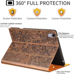 Gexmil Leather Case for iPad 10th Generation 2022, iPad 10.9 Inch,Genuine Leather Cover,Made from Real Leather Cowhide Unique Grain Cover,with Pencil Holder,Flower Brown