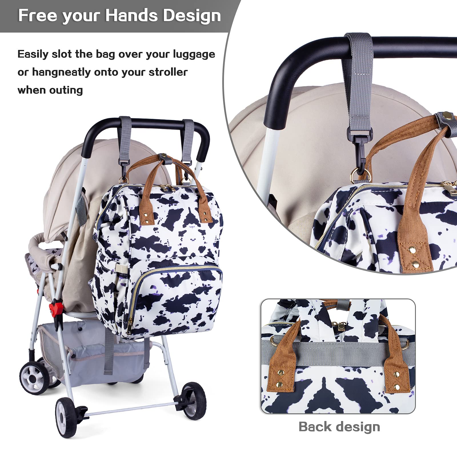 LIMHOO 4 in 1 Diaper Bag Backpack Set for Baby Girls Mom Large Capacity Waterproof Baby Care Bag Multi-Function Nappy Bag (Cow)