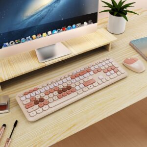 Wireless Keyboard and Mouse Combo, Colorful Ergonomic Full Size Retro Low-Noise Keyboard with Cute keycaps, Compatible with Windows, PC, Perfer for Home and Office Keyboards (Brown)