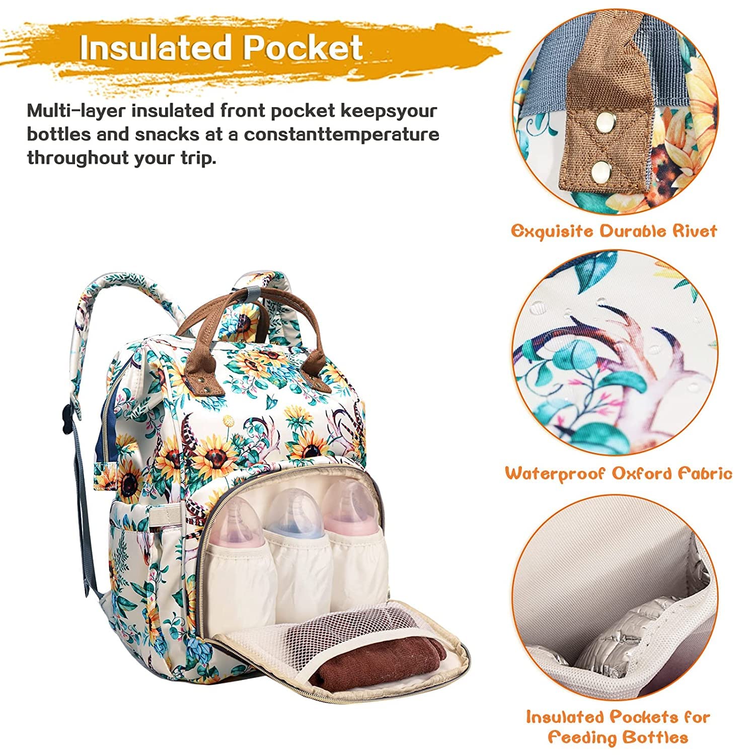 LIMHOO 4 in 1 Diaper Bag Backpack Set for Baby Girls Mom Large Capacity Waterproof Baby Care Bag Multi-Function Nappy Bag (Floral)