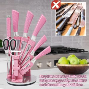 Kitchen Knife Set, Retrosohoo 9PC Pink Wheat Straw Sharp Cooking Knife Set with Acrylic Stand, Stainless Steel Non-stick Chef with Comfortable Handle for Slicing Cutting Peeling Chopping (Pink)