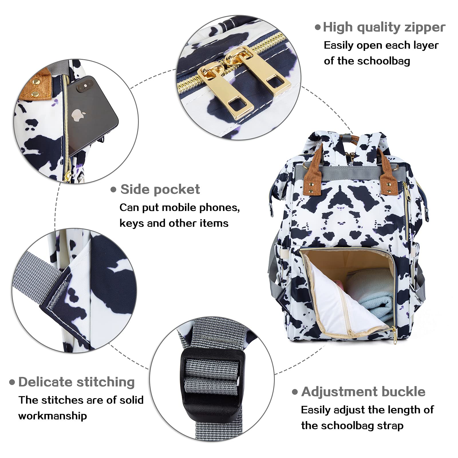 LIMHOO 4 in 1 Diaper Bag Backpack Set for Baby Girls Mom Large Capacity Waterproof Baby Care Bag Multi-Function Nappy Bag (Cow)