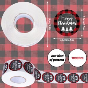 Whaline 1000Pcs Merry Christmas Stickers 1.5Inch Red Black Buffalo Plaid Border Round Stickers in Roll Christmas Tree White Printed Label Stickers for Xmas Seals Cards Presents Envelopes Decoration