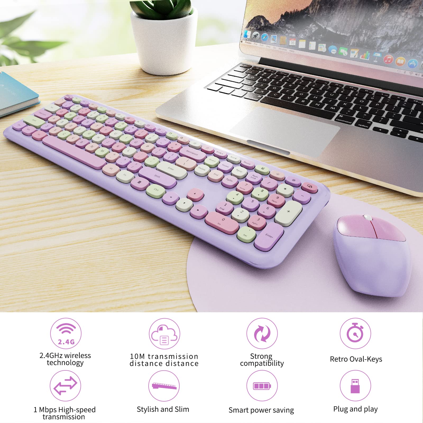 Wireless Keyboard and Mouse Combo, Colorful Ergonomic Full Size Retro Low-Noise Keyboard with Cute keycaps, Compatible with Windows, PC, Perfer for Home and Office Keyboards (Purple)