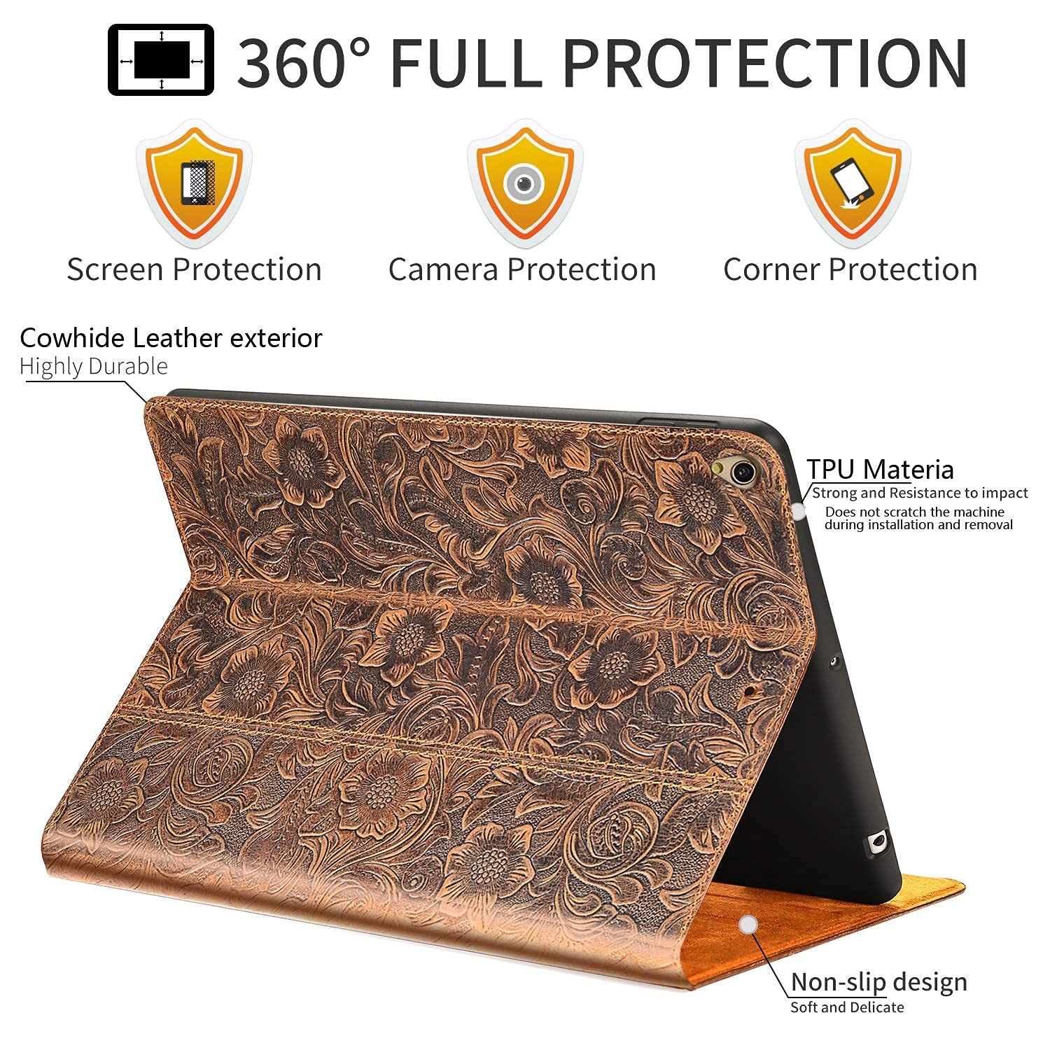 Gexmil Case for iPad 10.9 Inch,10th Generation(2022) Genuine Leather Cover Anti Fingerprint/Slip,Smart Cowhide Folio Cover Auto Sleep/Wake with Adjustable Stand,Flower Brown