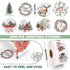 Whaline 1000Pcs Christmas Stickers 1.5Inch Assorted Plants Round Stickers in Roll Rustic Christmas Tree Wreath Elk Truck Patterns Label Stickers for Xmas Seals Cards Presents Envelopes, 8 Designs