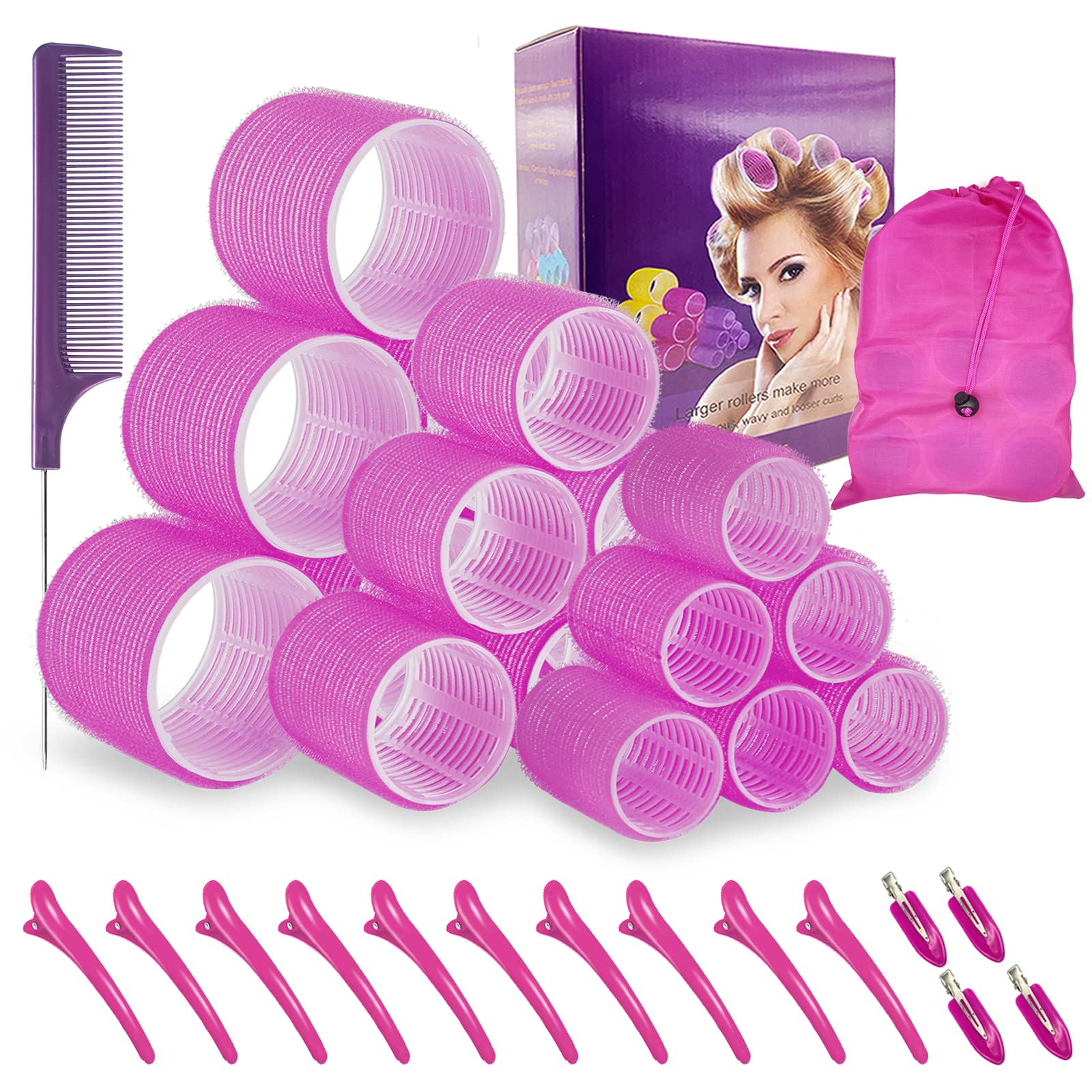 TINGIC Hair Roller Set - Jumbo Self-Grip Rollers With Clips for Long, Medium, and Short Hair (18 pcs)