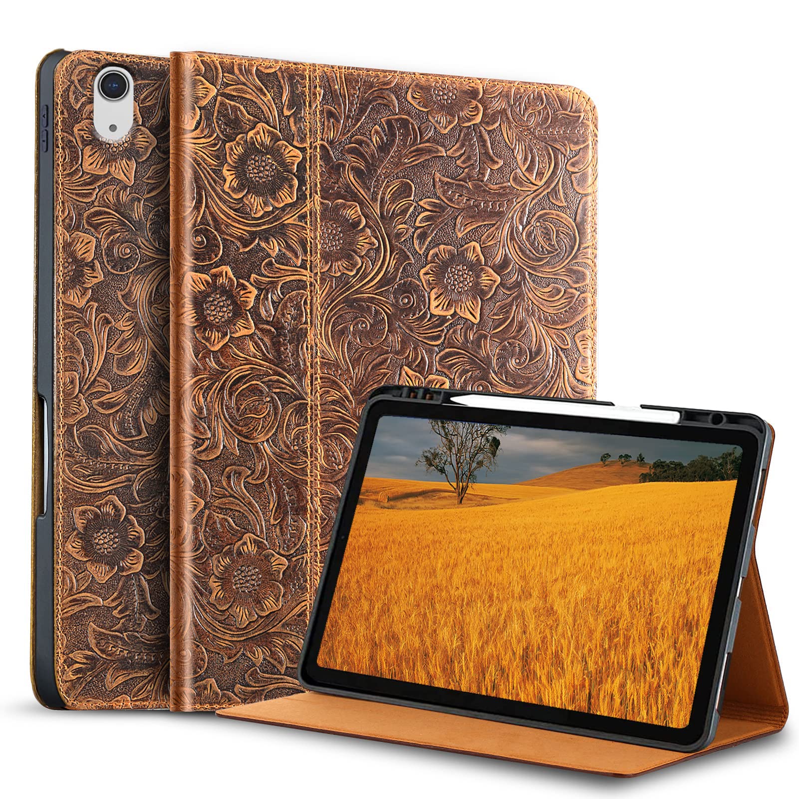 Gexmil Leather Case for iPad 10th Generation 2022, iPad 10.9 Inch,Genuine Leather Cover,Made from Real Leather Cowhide Unique Grain Cover,with Pencil Holder,Flower Brown