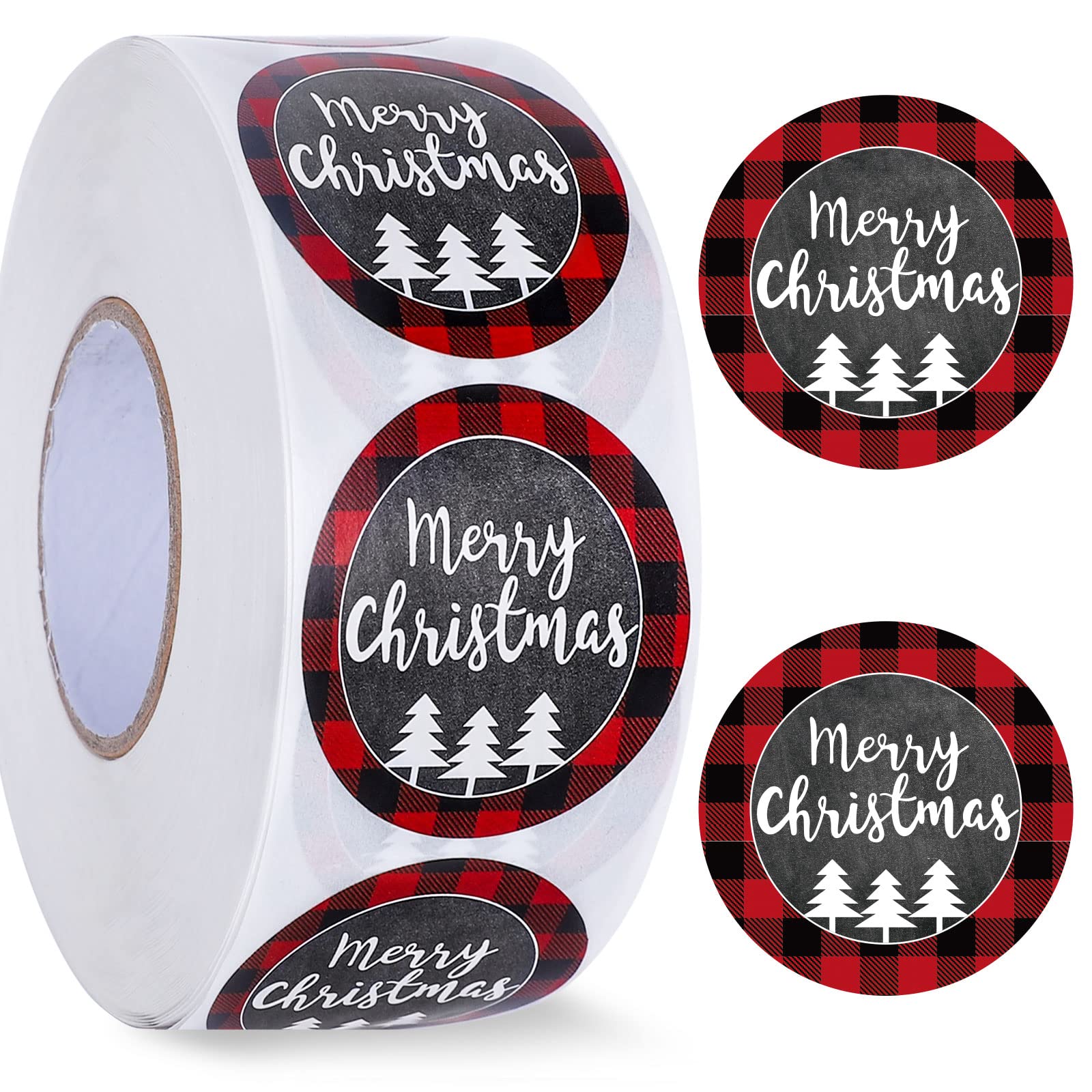 Whaline 1000Pcs Merry Christmas Stickers 1.5Inch Red Black Buffalo Plaid Border Round Stickers in Roll Christmas Tree White Printed Label Stickers for Xmas Seals Cards Presents Envelopes Decoration