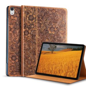 gexmil case for ipad 10.9 inch,10th generation(2022) genuine leather cover anti fingerprint/slip,smart cowhide folio cover auto sleep/wake with adjustable stand,flower brown