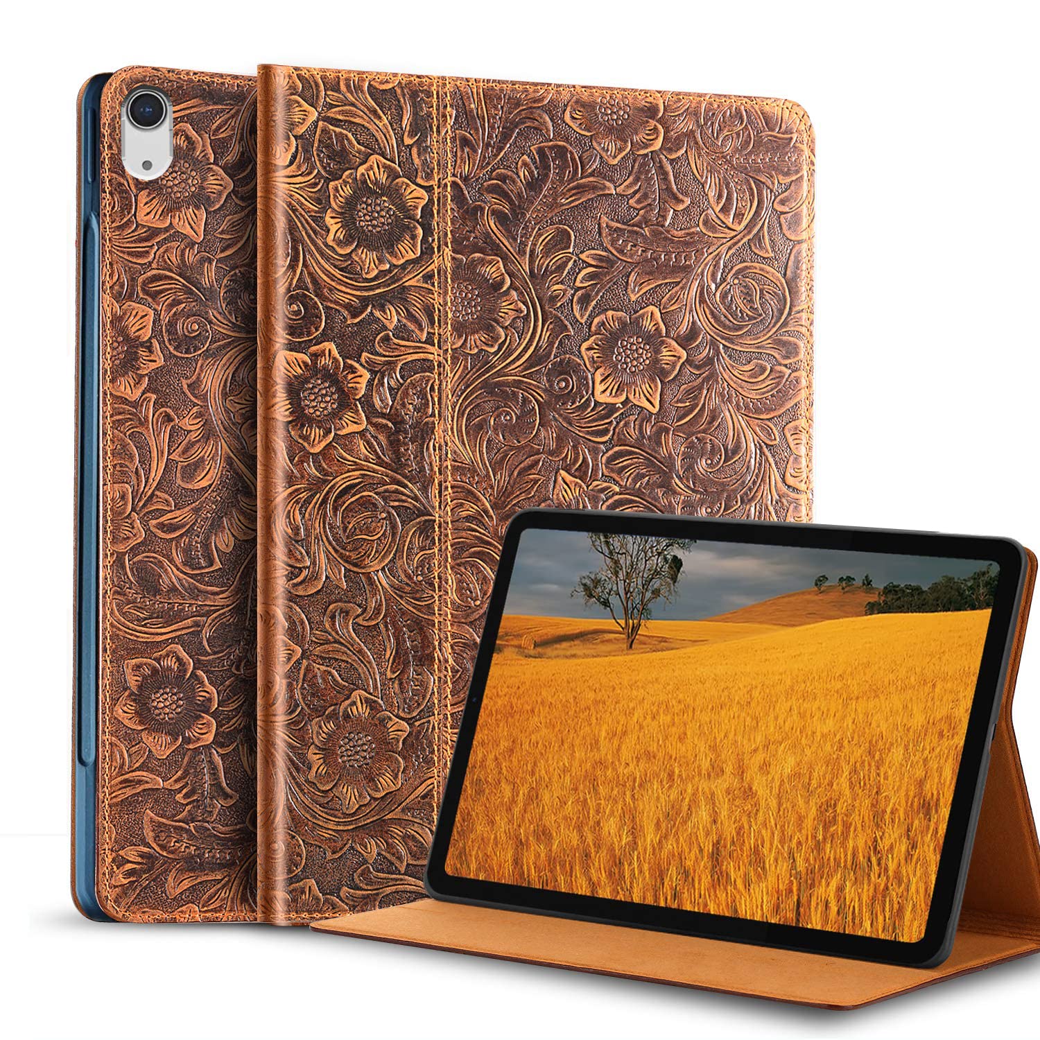 Gexmil Case for iPad 10.9 Inch,10th Generation(2022) Genuine Leather Cover Anti Fingerprint/Slip,Smart Cowhide Folio Cover Auto Sleep/Wake with Adjustable Stand,Flower Brown