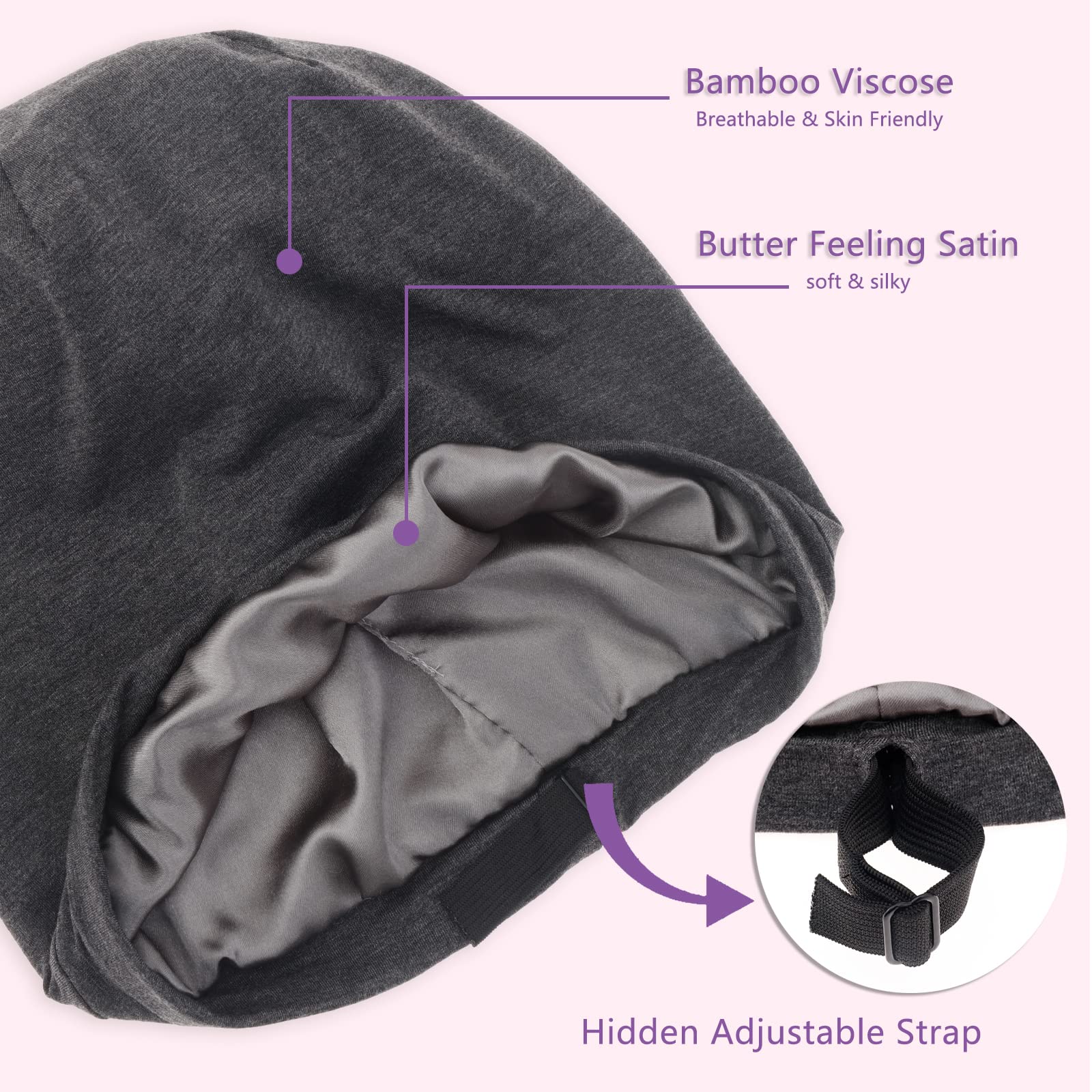 Silk Satin Lined Bonnet Sleep Cap, Adjustable Stay on All Night Hair Wrap Slouchy Beanie for Curly Hair Care of Women and Men - Dark Grey