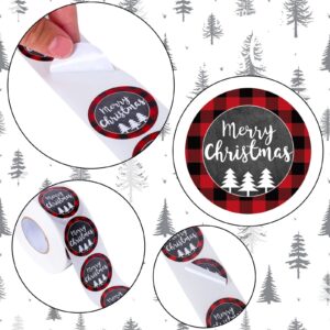 Whaline 1000Pcs Merry Christmas Stickers 1.5Inch Red Black Buffalo Plaid Border Round Stickers in Roll Christmas Tree White Printed Label Stickers for Xmas Seals Cards Presents Envelopes Decoration