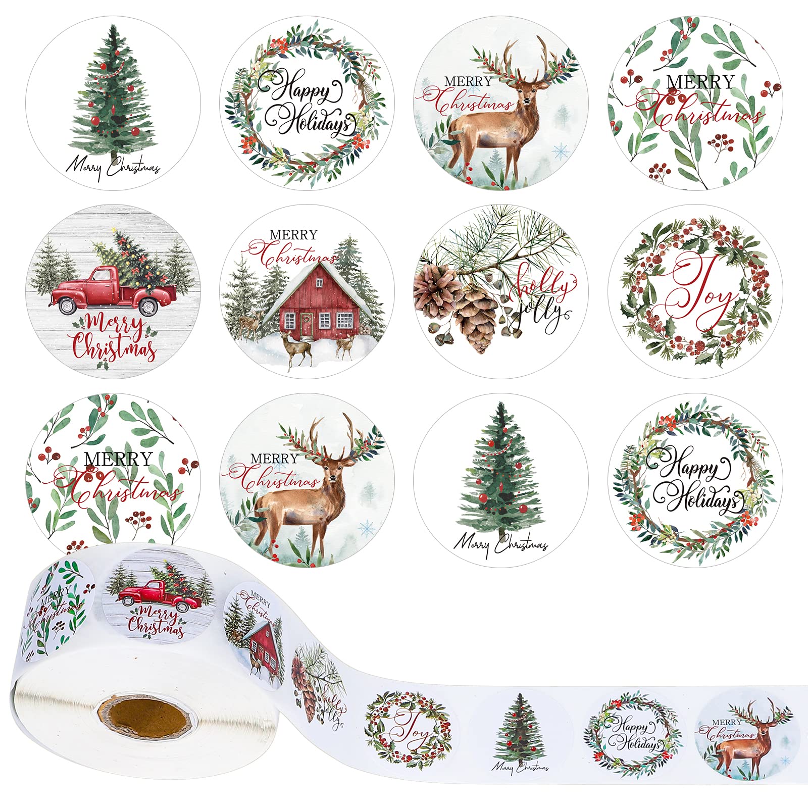 Whaline 1000Pcs Christmas Stickers 1.5Inch Assorted Plants Round Stickers in Roll Rustic Christmas Tree Wreath Elk Truck Patterns Label Stickers for Xmas Seals Cards Presents Envelopes, 8 Designs