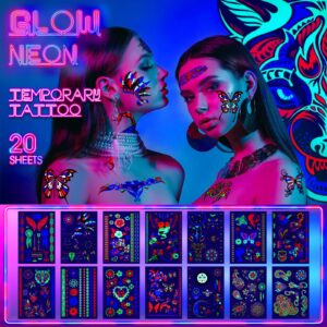 20 Sheets Glow in the Dark Temporary Tattoos UV Neon Tattoo Stickers Fluorescence Rave Festival Accessories for Women Men Face Body Makeup UV Glow Party Supplies