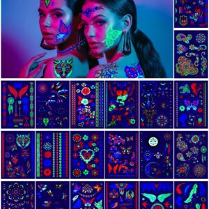 20 Sheets Glow in the Dark Temporary Tattoos UV Neon Tattoo Stickers Fluorescence Rave Festival Accessories for Women Men Face Body Makeup UV Glow Party Supplies