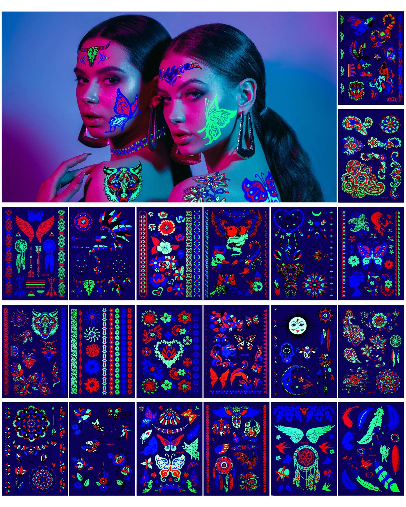 20 Sheets Glow in the Dark Temporary Tattoos UV Neon Tattoo Stickers Fluorescence Rave Festival Accessories for Women Men Face Body Makeup UV Glow Party Supplies