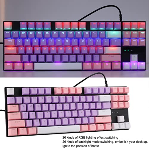 ciciglow Mechanical Gaming Keyboard, 87 Keys 26 RGB Color Backlit Ultra Slim Wired USB Keyboards with Blue Switch, Waterproof Wired USB Keyboards, 26 Kinds of Backlight Mode Switching(Pink