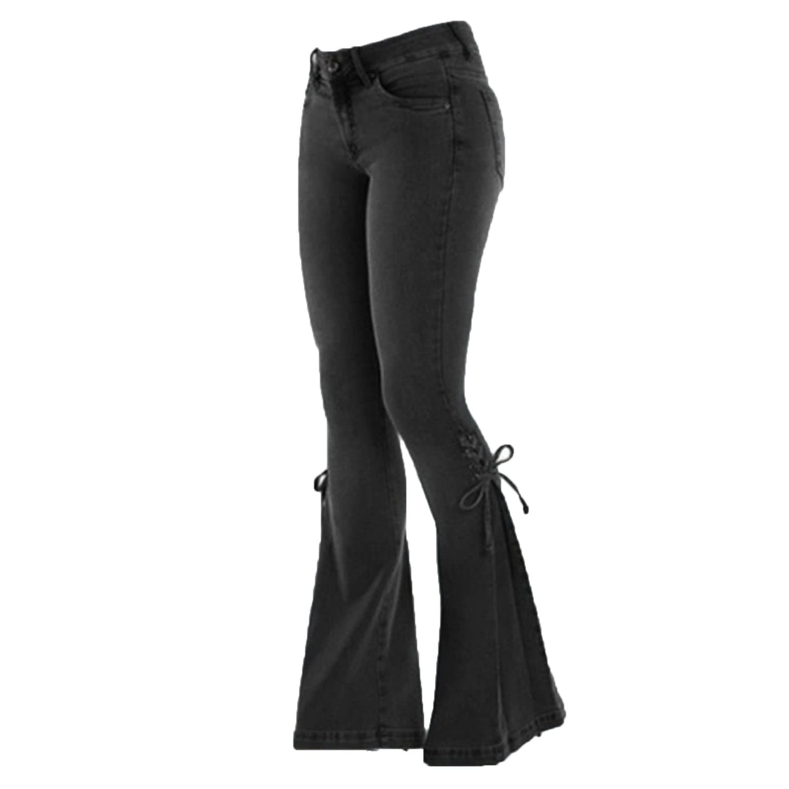 Maiyifu-GJ Lace-up Bell Bottom Denim Pants for Women Bandage Drawstring Legs Flared Jeans Mid Waisted Bootcut Slim Jean Trouser (Black,X-Large)