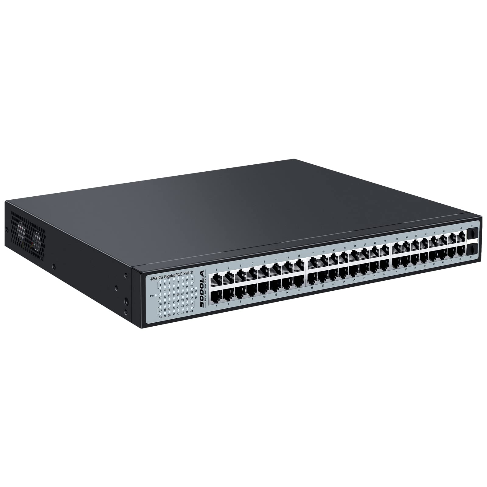 SODOLA 48 Port Gigabit PoE Switch, 600W Unmanaged Network Switch with 48 Port IEEE802.3af/at PoE, 2 x 1G SFP, Metal Rackmount Unmanaged Plug and Play Power Over Ethernet Switch