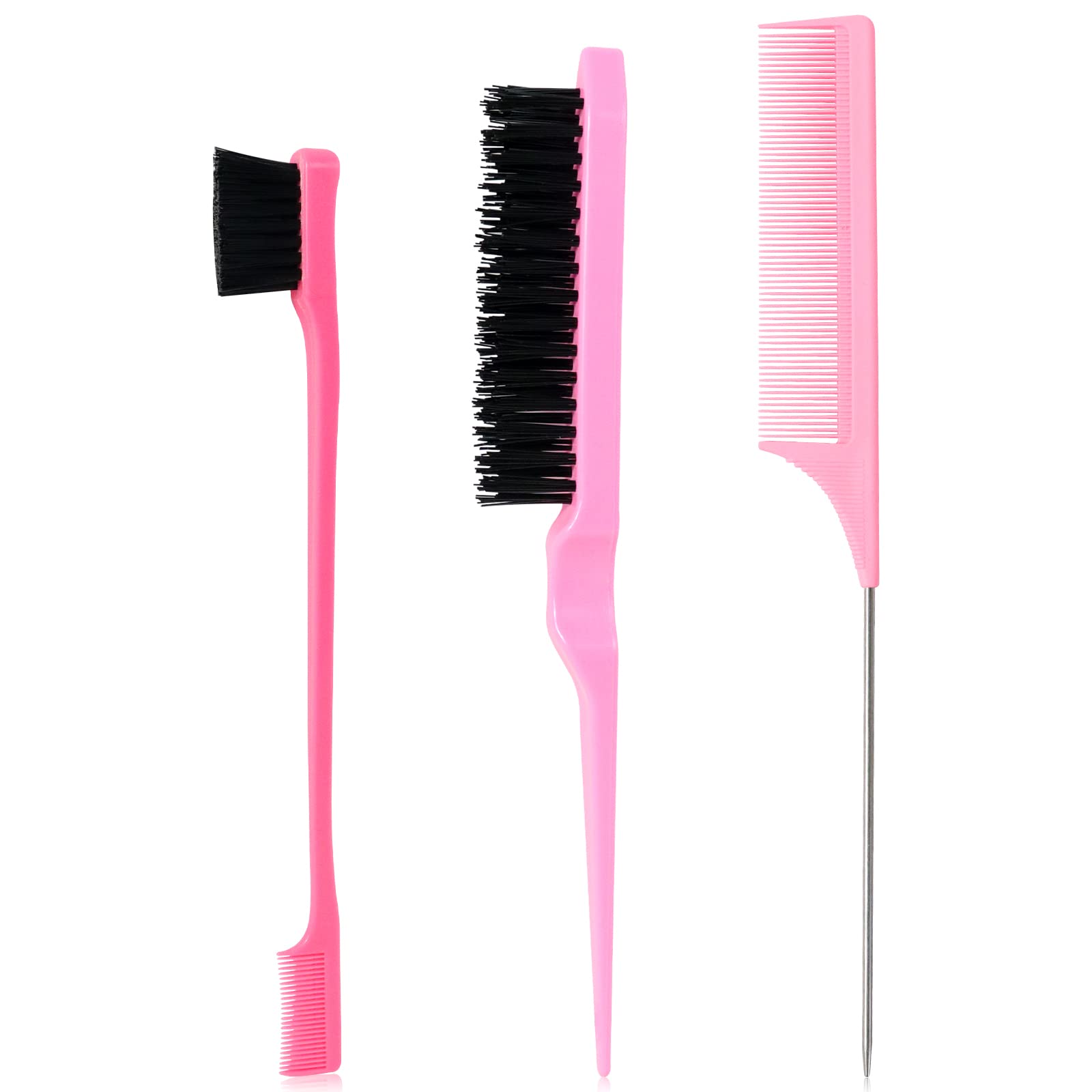 Sularpek 3 Pieces Slick Brush Set Bristle Hair Brush, Teasing Brush Edge Brush, Rat Tail Comb, for Edge & Back Brushing, Combing Slicking Hair for Women Girls (Pink)