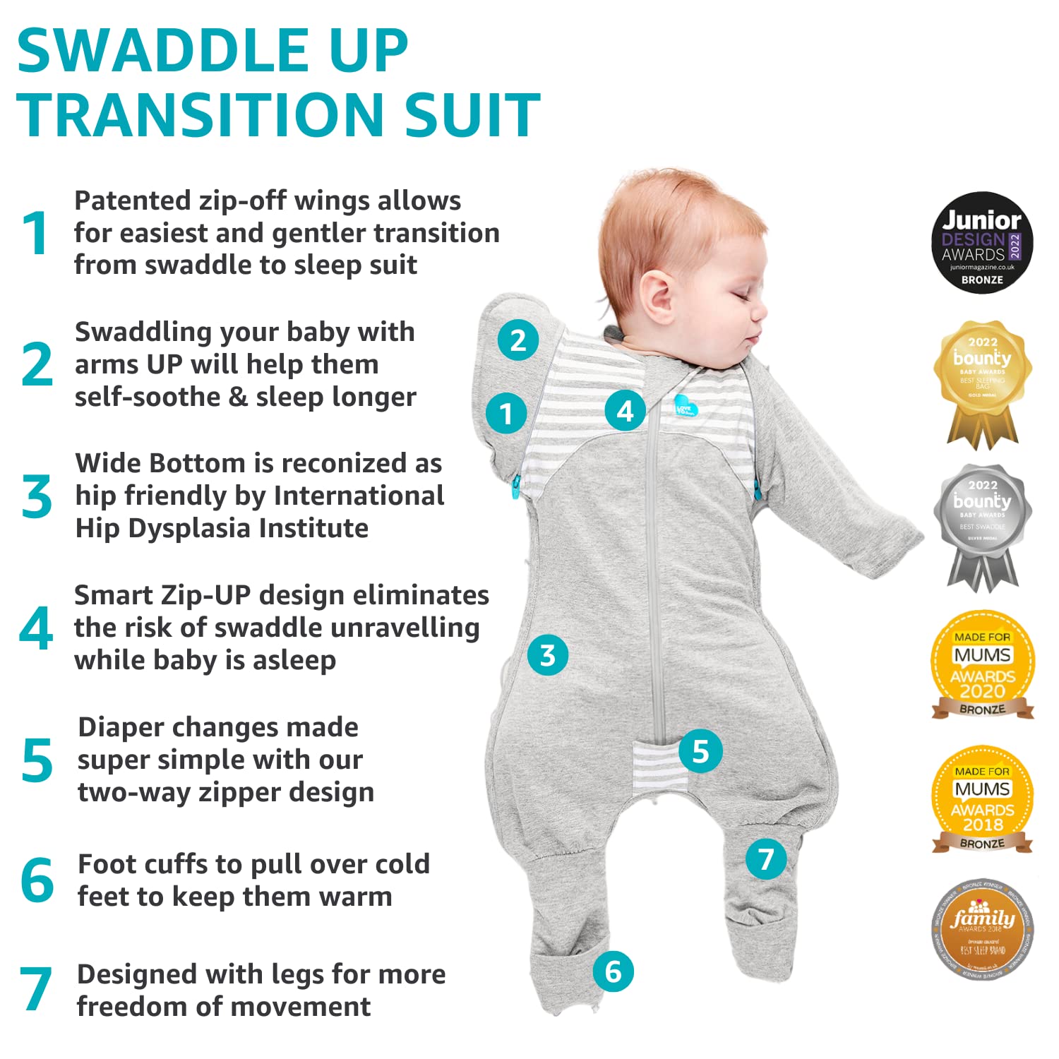 Love to Dream Swaddle UP Transition Suit Extra Warm 3.5 TOG, Grey, Large, 19-24 lbs, Patented Zip-Off Wings & Self-Soothing Wings, Gently Help Baby Safely Transition from Being Swaddled to Arms Free