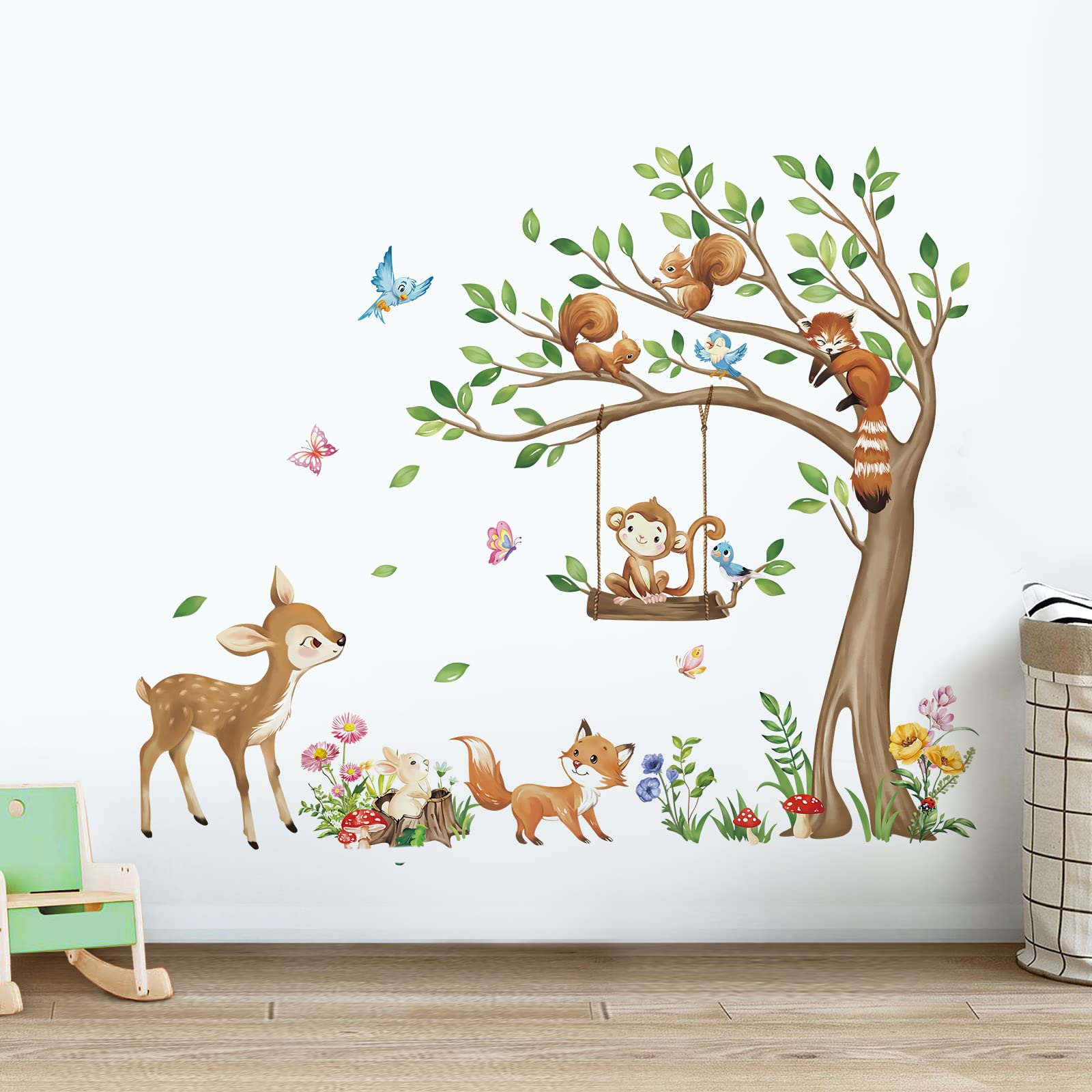 decalmile Woodland Animals Tree Wall Decals Deer Monkey Fox Squirrel Wall Stickers Kids Baby Nursery Bedroom Playroom Wall Decor