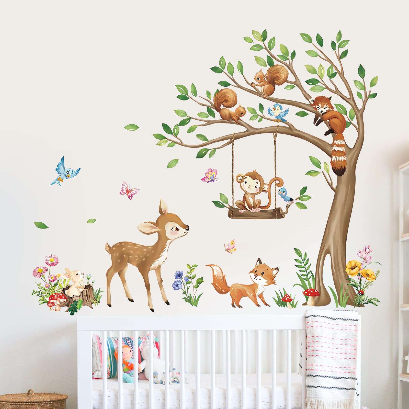 decalmile Woodland Animals Tree Wall Decals Deer Monkey Fox Squirrel Wall Stickers Kids Baby Nursery Bedroom Playroom Wall Decor