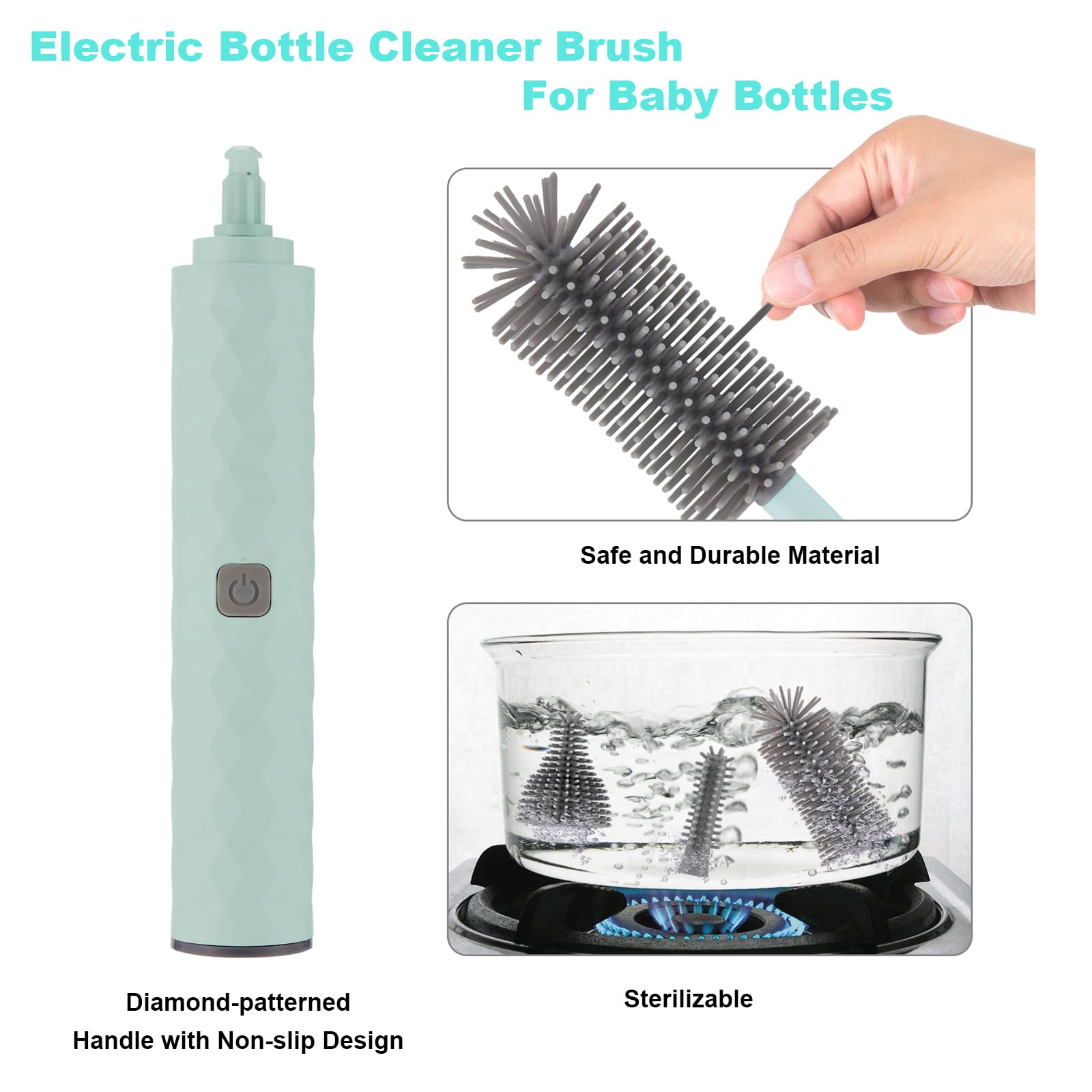 WHNL Rechargeable Electric Bottle Brush Cleaner Set with 3 Piece Silicone Baby Bottle Brush Cleaner and Straw Cleaner Brush,BPA Free,Waterproof,Perfect Baby Registry Gift,Blue