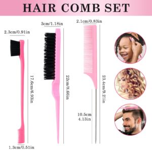 Sularpek 3 Pieces Slick Brush Set Bristle Hair Brush, Teasing Brush Edge Brush, Rat Tail Comb, for Edge & Back Brushing, Combing Slicking Hair for Women Girls (Pink)