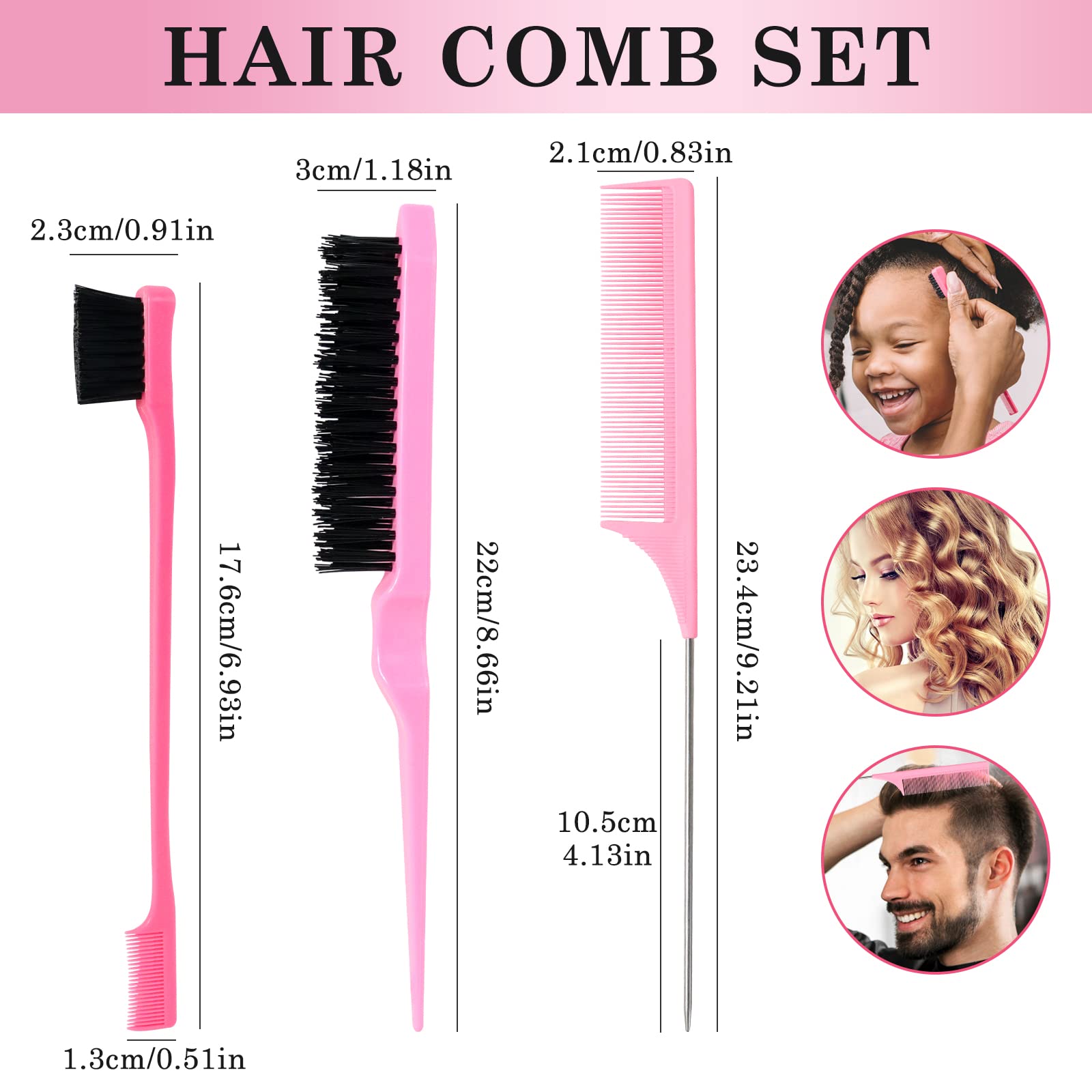 Sularpek 3 Pieces Slick Brush Set Bristle Hair Brush, Teasing Brush Edge Brush, Rat Tail Comb, for Edge & Back Brushing, Combing Slicking Hair for Women Girls (Pink)