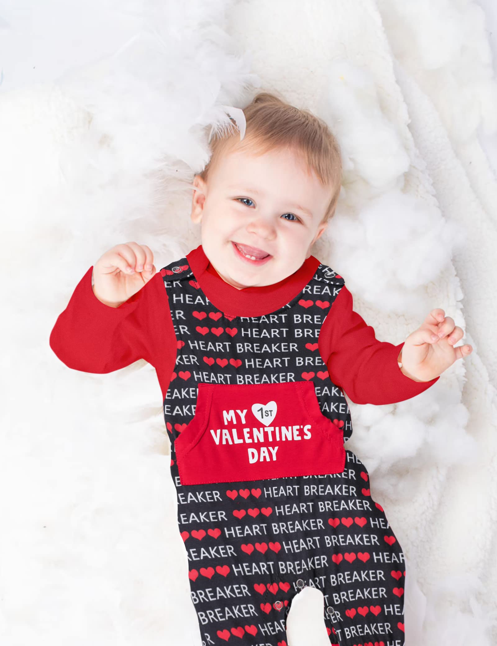 DONWEN Baby Boy Valentines Day Outfit 9-12 Months My First Valentine's Day Romper Print Overall Valentine Outfit for Baby Boy