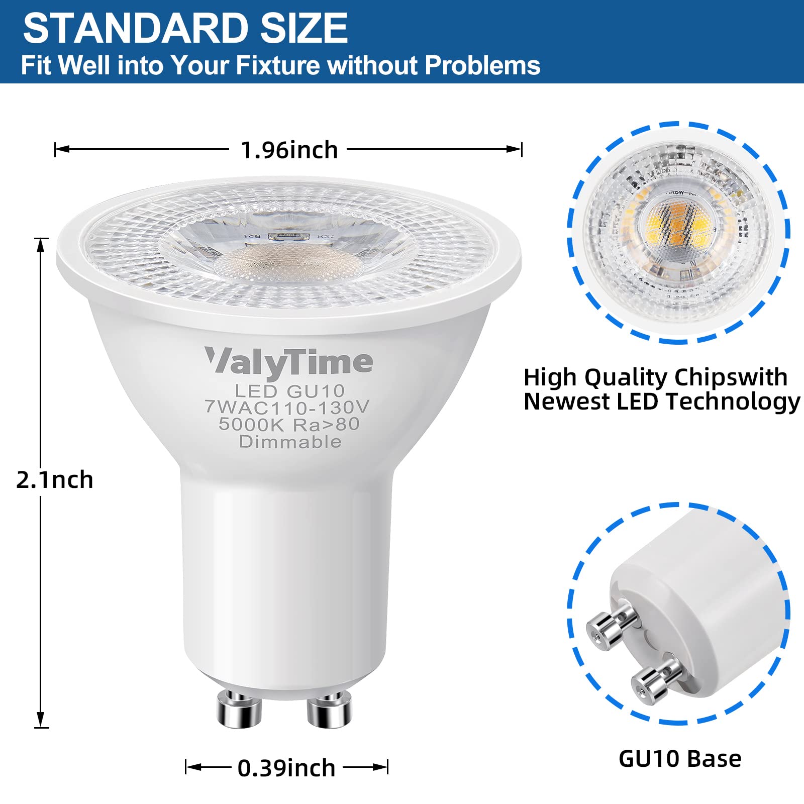 Valytime Dimmable GU10 LED Bulbs 7W(50W -60W-75W Equivalent) GU10 Light Bulbs Gu10 Shape Halogen Replacement Bulb 38°120V 650Lm for Track Spot Lighting Indoor Recessed,Day White 5000K,6 Pack