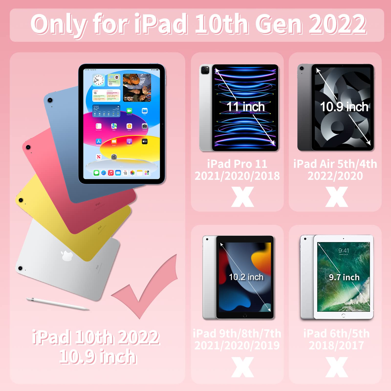 BATYUE iPad 10th Generation Case, Shockproof Protection Cover for 2022 10.9-inch iPad (10th Generation) with Screen Protector/Pencil Holder/ 360° Swivel Stand/Shoulder Strap, for Kids -Colorful Pink