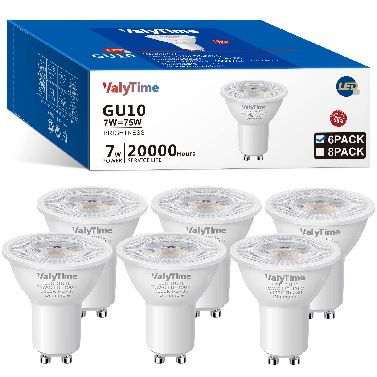 Valytime Dimmable GU10 LED Bulbs 7W(50W -60W-75W Equivalent) GU10 Light Bulbs Gu10 Shape Halogen Replacement Bulb 38°120V 650Lm for Track Spot Lighting Indoor Recessed,Day White 5000K,6 Pack