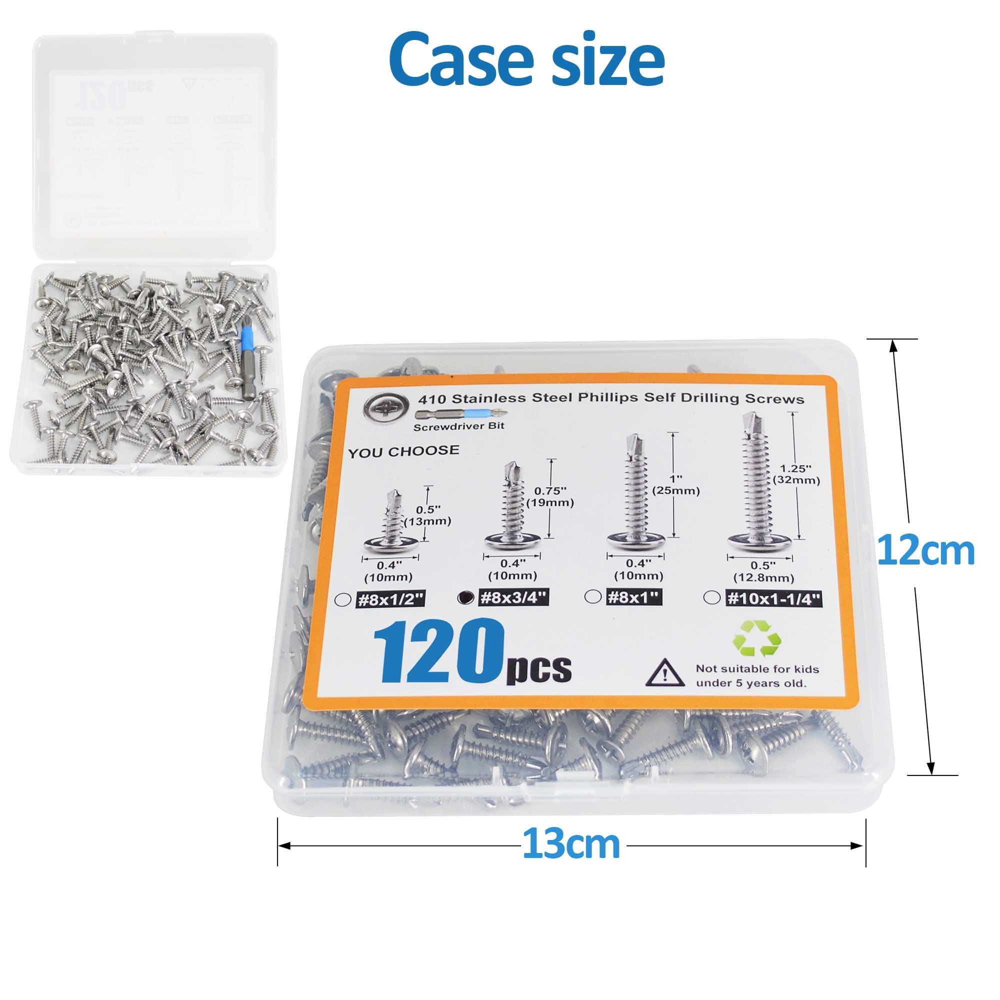 120PCS #8 x 3/4'' Sheet Metal Screws 410 Stainless Steel Truss Head Fast Self Tapping Screws with Screwdriver Bit Silver