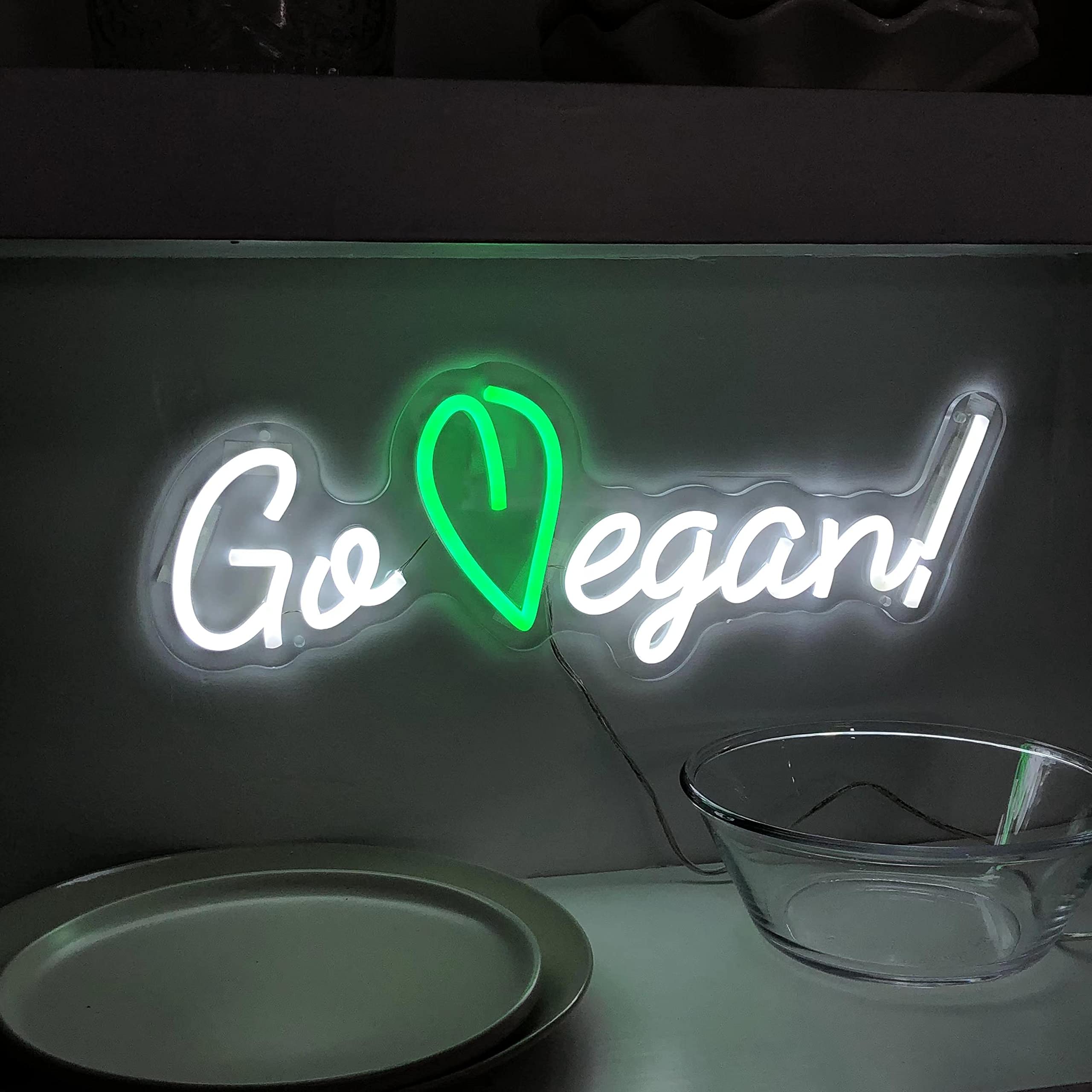 GO Vegan Neon Sign LED Light Wall Sign Decor, Bedroom Vegetarian Vegan Animal Lover Bedroom Wall Room LED Light Neon Sign, Home Wall, Office Kitchen Wall LED Lights Neon Sign, Vegan Letter Home Neon