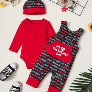 DONWEN Baby Boy Valentines Day Outfit 9-12 Months My First Valentine's Day Romper Print Overall Valentine Outfit for Baby Boy