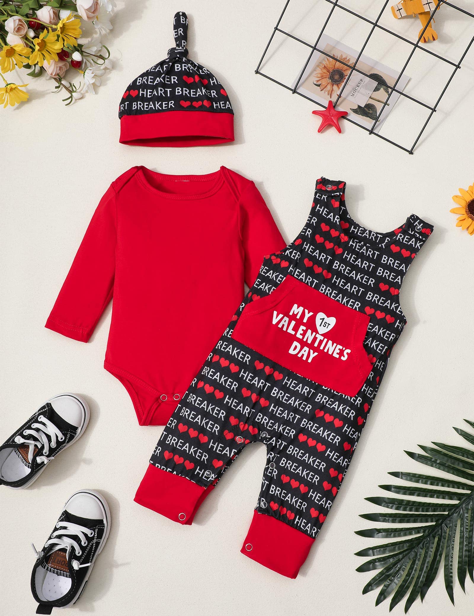 DONWEN Baby Boy Valentines Day Outfit 9-12 Months My First Valentine's Day Romper Print Overall Valentine Outfit for Baby Boy